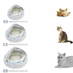 Almofada de pelúcia redonda para animais de estimação, cesta quente, saco de dormir, ninho de gato, canil, casinha, inverno, 2 em 1 - Image 6