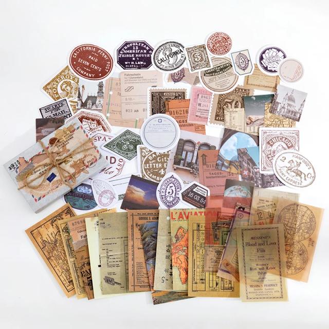 Adesivos Vintage Multimaterial de Cogumelos, Plantas e Borboletas - Pacote com 60 Unidades para Diários e Scrapbooking