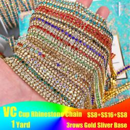 Vidro colorido Strass Cadeia para Decoração de Vestuário, Sliver Claw, Gold Base On Rhinestone, Cadeia Cup, 3 linhas, 1 jarda - Image 1