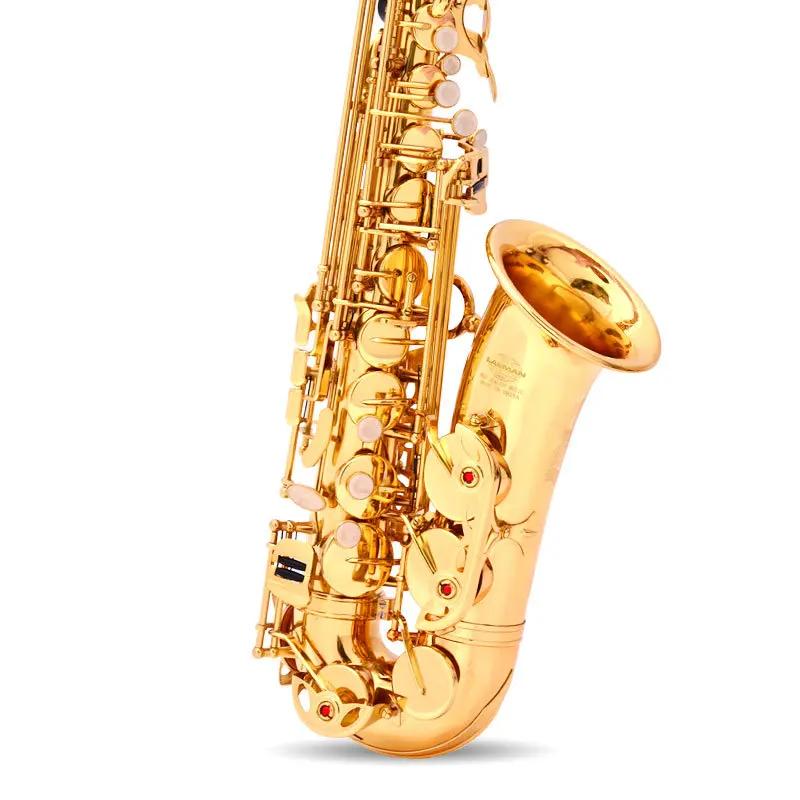 Alto chave e saxofone plano, laca dourada, sax de latão com estojo de instrumento, alça de pescoço, pano de limpeza, escova para iniciantes - Image 1