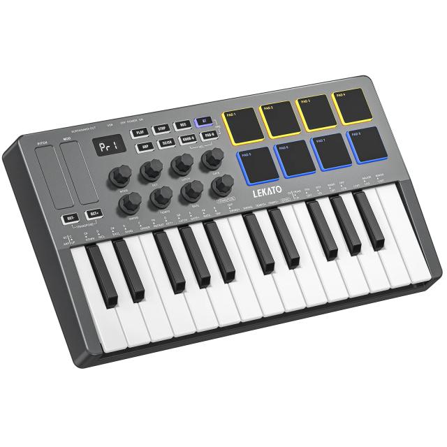 Teclado Controlador MIDI Lekato com 25 Teclas, Conexão USB e Bluetooth, 8 Pads Retroiluminados e 8 RGB para Música Criativa