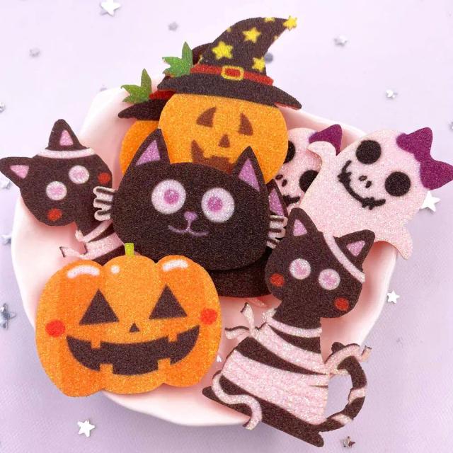 Apliques de Halloween em Feltro Glitter - 10 Peças de Arco-Íris com Gato, Abóbora e Fantasma para Artesanato DIY
