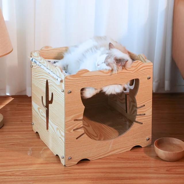 Cama para Gatos em Madeira Multi-Camada: Ninho Fechado e Cabana Estilizada para Gatos
