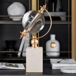 Banhado a ouro globo forma bola de cristal estátua base de mármore artesanato escultura decoração de mesa ornamentos sala estética decoração arte - Image 3