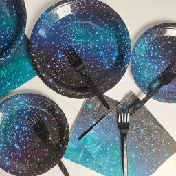 Conjunto de talheres descartáveis para festa temática de estrela galáxia, pratos de papel, copos, toalha de mesa, espaço externo, decoração de festa de feliz aniversário, crianças e adultos - Image 3