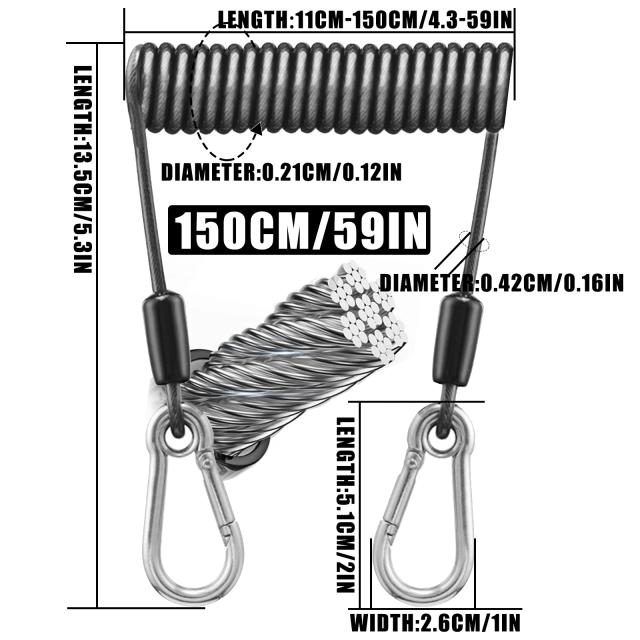 Cordão Elástico Telescópico Secure Gear Tether de Pesca Pesada, Corda de Segurança Universal em Aço Inoxidável de 1,5 a 3m