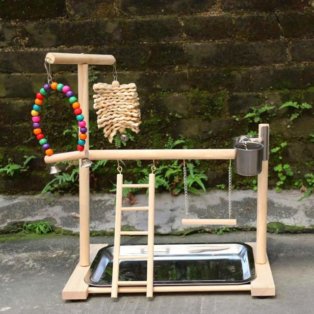 Playground de Madeira Maciça para Pássaros com Escada e Brinquedos Interativos