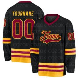 Jersey de hóquei em gelo personalizado para homens e mulheres, camisas de treinamento de competição, 3D imprime seu nome e número, preto e dourado - Image 2
