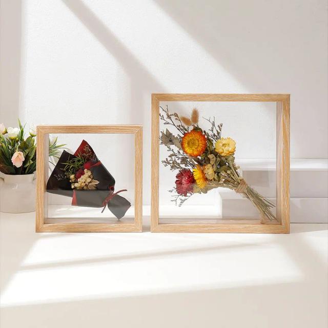 Porta-retrato de Madeira Transparente com Flor Seca - Moldura Flutuante Decorativa para sua Casa