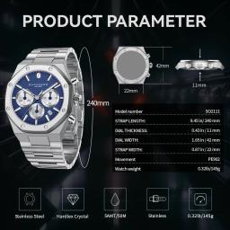 Sapphero relógio masculino à prova dwaterproof água função cronógrafo data brilhante mãos relógio de aço inoxidável relógio de negócios para presente masculino - Image 5