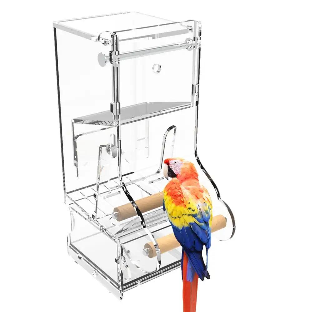 Recipiente De Alimento De Pássaro De Acrílico Automático Com Perch, Sem Alimentador De Mess, Periquito Claro, Acessórios De Gaiola - Image 1