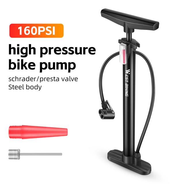 Bomba de Alta Pressão Oeste para Bicicletas e Moto, Insuflador Manual com Válvula Schrader e Presta, Ideal para Pneus e Bolas até 160 PSI