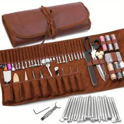 Kit De Ferramentas De Trabalho De Couro Com Saco De Armazenamento, Ferramentas De Escultura De Couro, Artesanato Para Perfuração De Corte - Image 1