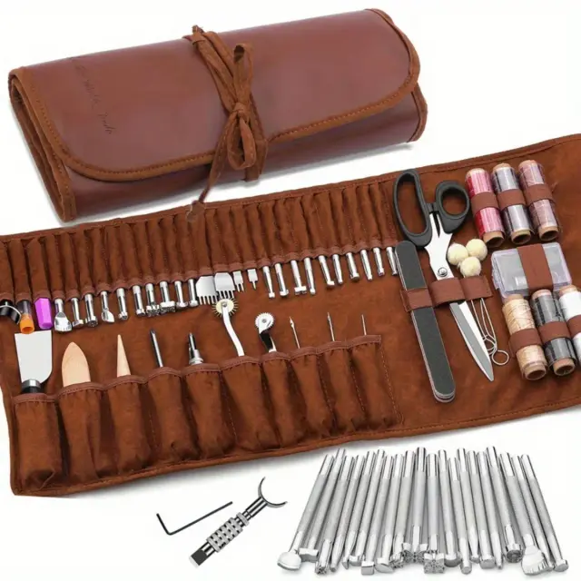 Kit Completo de Ferramentas em Couro com Saco de Armazenamento para Artesanato e Escultura de Couro