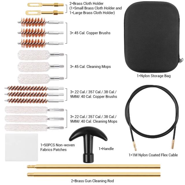 Kit Completo de Limpeza Tática para Pistolas - 19 Peças para .22, .38 e 9mm com Escovas e Ferramentas Essenciais