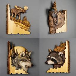 Pintado à mão Escultura de escultura em animais Artesanato de parede, Guaxinim de madeira Urso e veado, Decoração para casa, Presentes para sala, Novo - Image 1
