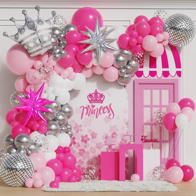 Kit de Decoração de Festa: Arco de Guirlanda de Balão Rosa e Prateado com Coroa de Prata para Aniversários Femininos