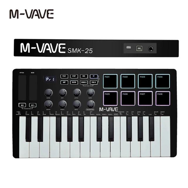 Teclado MIDI Portátil M-VAVE-25 com Conexão USB, 8 Pads de Bateria Retroiluminados e Teclas Sensíveis RGB