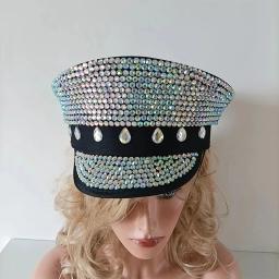 Punk lantejoulas brilhantes strass chapéu militar novidade brilhante sargento chapéu capitão boné festa carnaval chapéus planos desempenho boné - Image 3