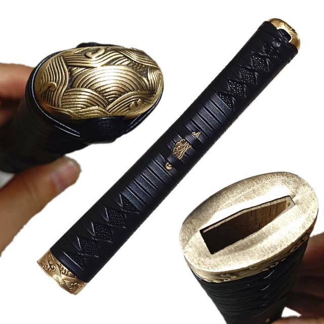 Katana Samurai em Couro Preto com Menuki de Latão, Fuchi e Cabo Kashira - Acessórios para Wakizashi e Tanto, 26cm