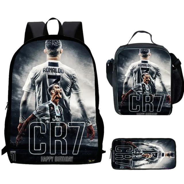Mochila Escolar Infantil dos Desenhos Animados com Lancheira e Saco de Lápis - Presente Ideal para Meninos e Meninas, Tema Futebol CR7