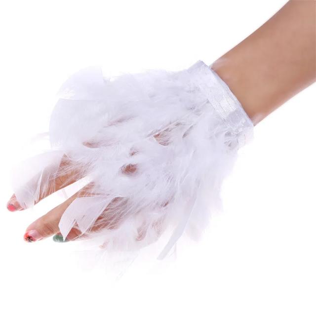 Punho de Pulso de Penas de Avestruz Feminino Elegante - Pele e Cetim