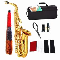 Alto chave e saxofone plano, laca dourada, sax de latão com estojo de instrumento, alça de pescoço, pano de limpeza, escova para iniciantes - Image 4