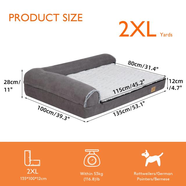 Cama Ortopédica Luxuosa em Forma de L para Cães Extra Grandes com Espuma de Memória e Capa Removível Lavável