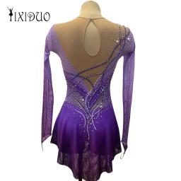 Meninas vestido de patinação artística profissional competição de patinação no gelo saia feminina crianças roxo manga longa elastano artesanal strass - Image 3