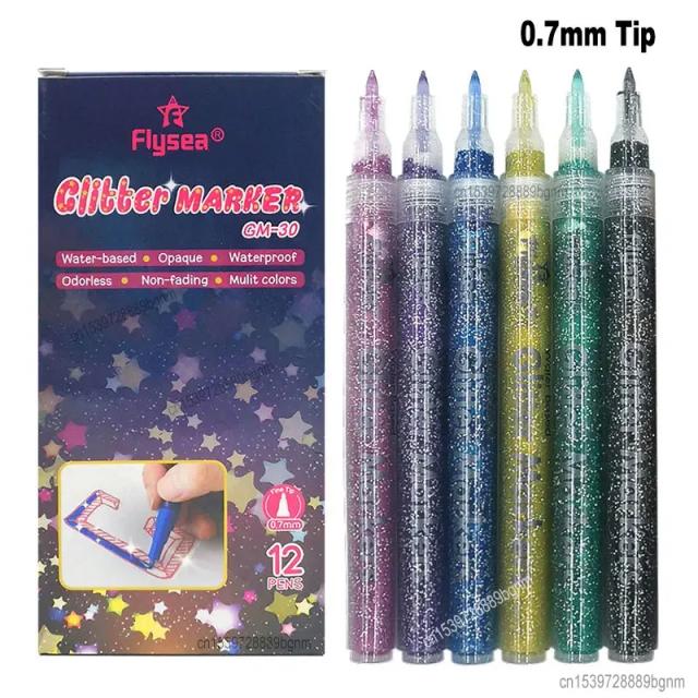 Canetas Marcadoras Acrílicas Glitter Sparkle Color para Desenho em Rocha, Pedra, Madeira, Cartaz, Lona, Cerâmica e Scrapbook - 12 Peças com Ponta de 3,0mm e 0,7mm