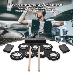 Tambor de silicone portátil com baquetas sustentar o pedal, Mão Roll Up, Bateria de música dobrável, Kit de bateria eletrônica USB - Image 2