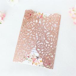 (10 peças/lote) cartão de convite de casamento de luxo do brilho do ouro com fita corte a laser rosa quinceanera cartões de festa de aniversário ic055 - Image 5