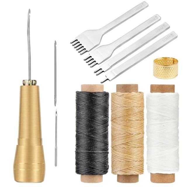 Kit Completo de Ferramentas para Costura de Couro: Agulhas, Fio Encerado, Cabo de Cobre e Furador