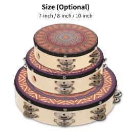De madeira Tambourine mão tambor, dupla linha, Metal pratos, Jingles instrumento de percussão, Handbell, 10 ", 8", 7 ", 16Pcs - Image 3