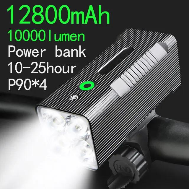 Lanterna de Bicicleta LED Recarregável Super Brilhante com Luzes Dianteiras e Traseiras, USB, Bateria de 10000mAh ou 12800mAh