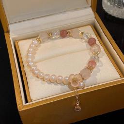 Pulseira de cristal rosa com pingente de flores para mulheres, pulseiras de pérolas imitações, braceletes para meninas, jóias casamento, nova moda - Image 1