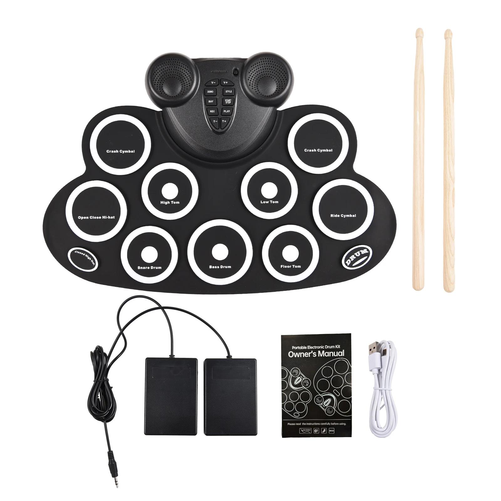 Bateria eletrônica de rolo de mão com baquetas, pedal, 9 almofadas, alto-falante duplo, recarregável, suporta conexão - Image 1