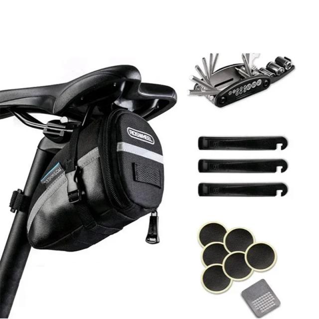 Kit Completo de Ferramentas para Reparação de Bicicletas com Bolsa para Selim e Acessórios MTB