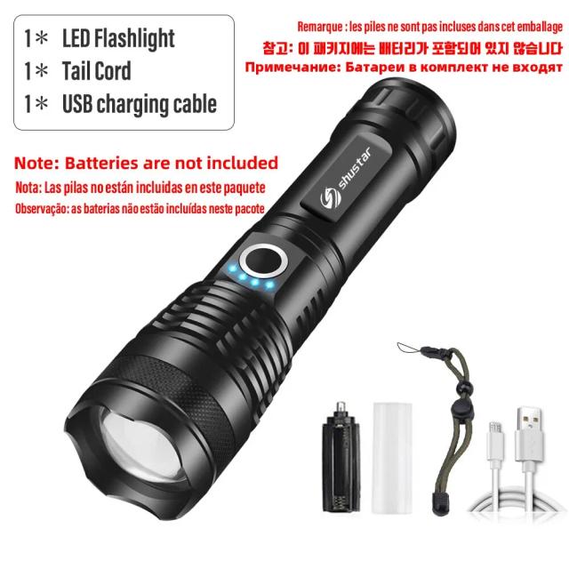 Lanterna LED Potente para Camping com 4 Núcleos, Zoom, 5 Modos de Iluminação e Alta Resistência em Liga de Alumínio