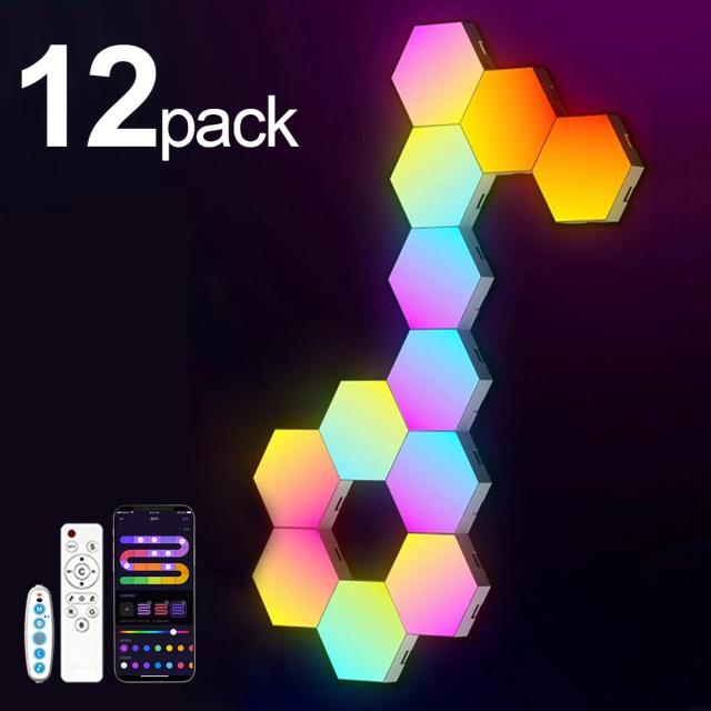 Luzes LED Hexagonais RGB Modulares para Quarto com Sincronização Musical - Painel Decorativo Smart App em Formato Favo de Mel (Pacotes de 3, 8, 12 e 20)