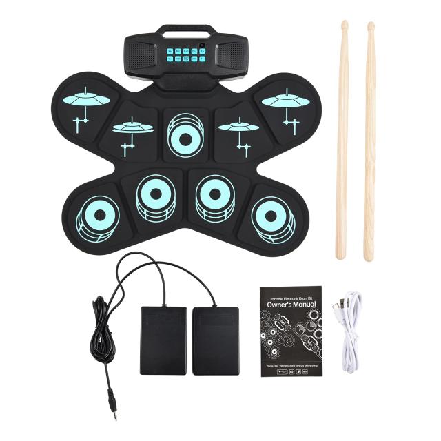 Bateria Eletrônica Portátil WGS505 com Pedal, 9 Almofadas, Alto-Falante Duplo e Almofada de Prática Recarregável