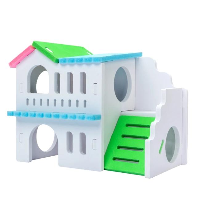Casinha de Madeira para Hamsters: Habitat Colorido e Divertido para Anões com Brinquedos de Mastigar e Descanso em 2 Cores