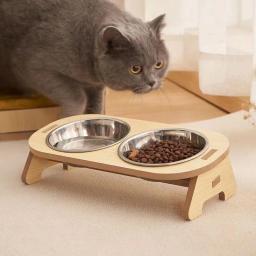 Tigela dupla para gatos, tigela elevada inclinada única/dupla para animais de estimação, tigela de comida de aço inoxidável, suporte de madeira, alimentador de cães, suprimentos para gatos - Image 1