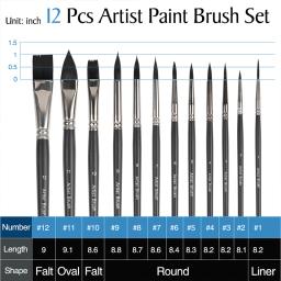 Dainayw artista pincel de pintura conjunto de 12 pincéis de arte para aquarela acrílico gouache lona óleo e pintura tempera para iniciantes - Image 2