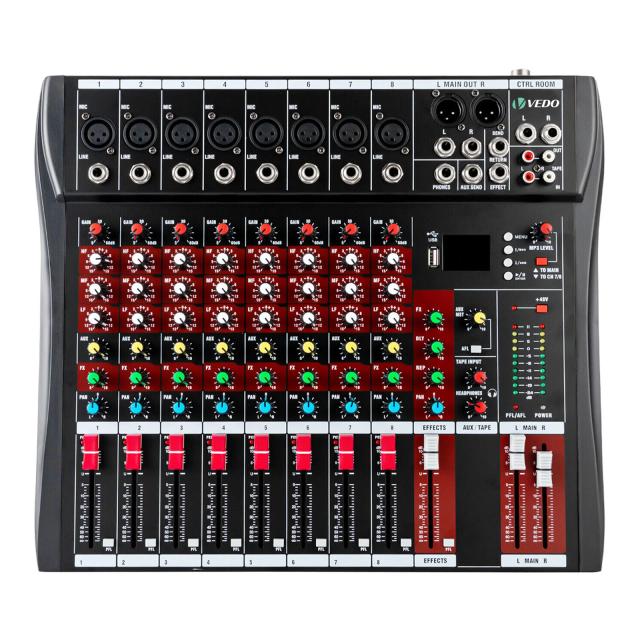 Vedo mixer usb profissional de 8 canais, placa de mesa de mixagem de som de áudio, efeitos digitais, reprodutor de mp3, consoles, gravação de palco de computador