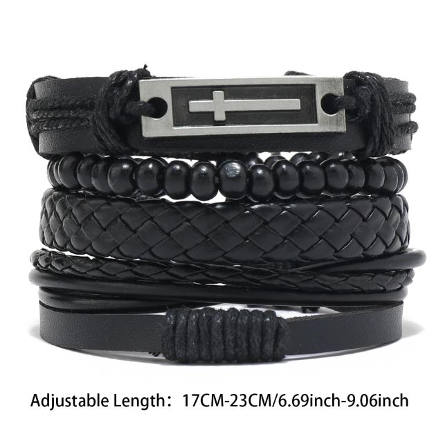Pulseira de Couro Punk Masculina com Braceletes de Miçangas Pretas e Ornamentos Decorativos