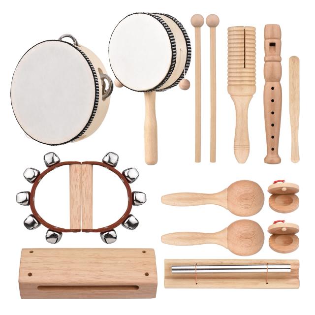 Kit de 13 Instrumentos Musicais de Percussão em Madeira para Crianças com Saco de Transporte - Brinquedos Educativos para Aprendizado Precoce