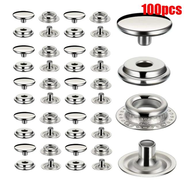 Conjunto de 100 Botões de Pressão de Aço Inoxidável de 15mm para Costura de Sacos de Couro e Uso Marinho
