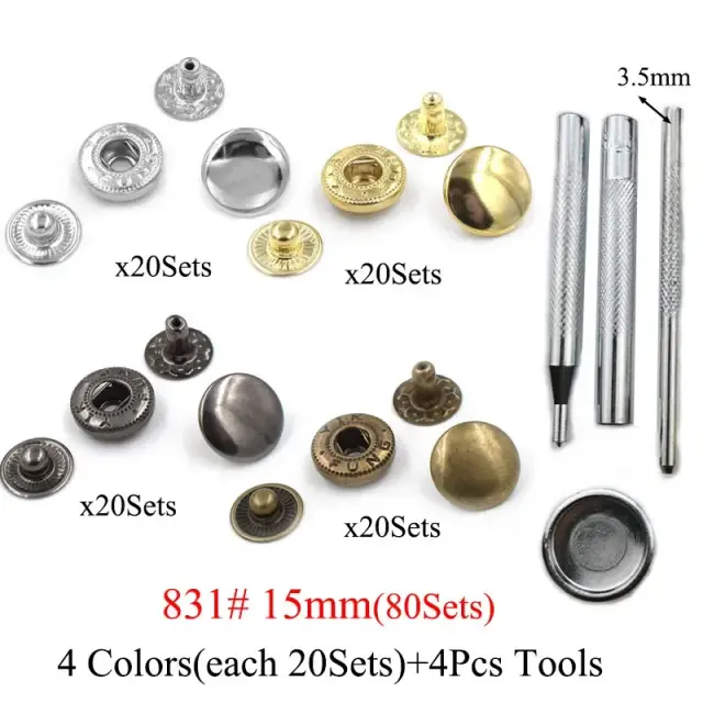 Kit de 80 Conjuntos de Botões de Metal Snap com Ferramenta para Prender - Tamanhos 10/12/15mm para Artesanato, Roupas e Acessórios em Couro