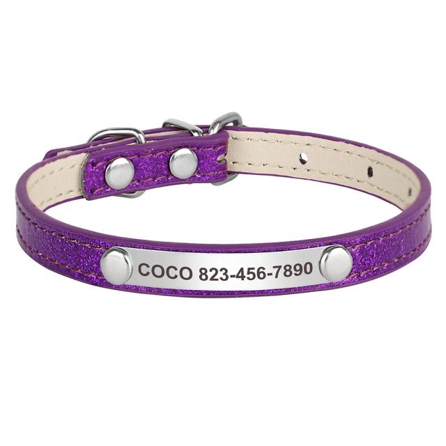 Colar de couro personalizado para cães e gatos com gravura grátis e estilo Bling Bling